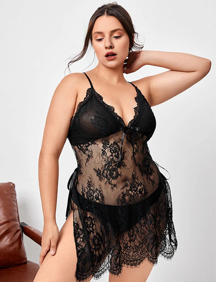 Women Plus Size H Floral Lace Transparent Mesh Babydoll