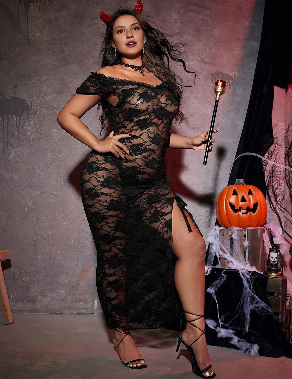 Women Plus Size Halloween Black Lace Sheer Lingerie Dress