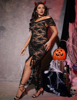 Women Plus Size Halloween Black Lace Sheer Lingerie Dress