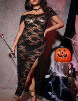 Women Plus Size Halloween Black Lace Sheer Lingerie Dress