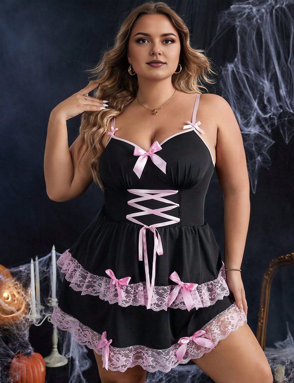 Women Plus Size  Halloween Contrast Lace Maid Costume Babydoll