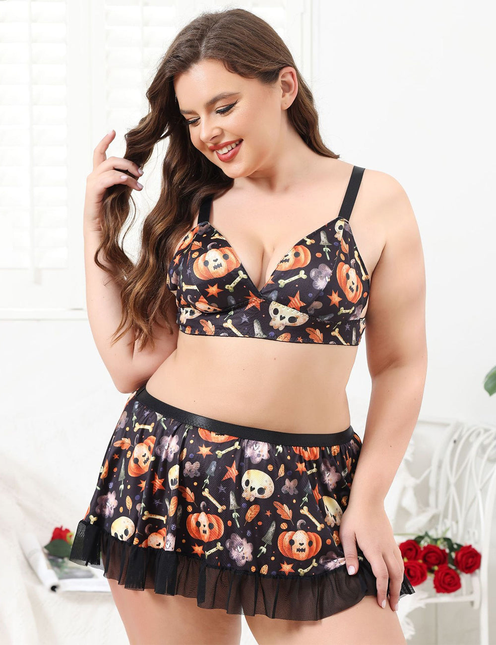 Women Plus Size Halloween Print Lingerie Set