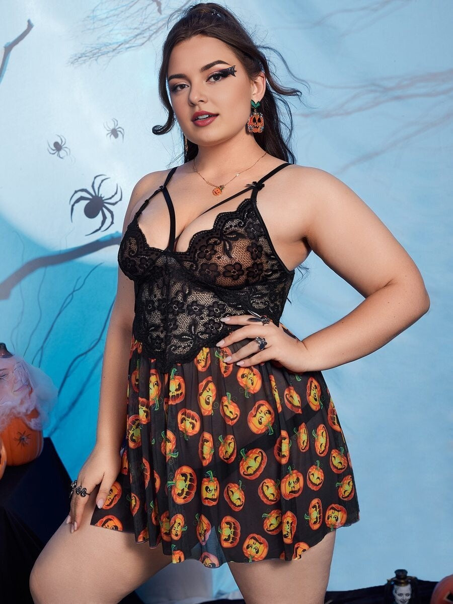 Women Plus Size Halloween Pumpkin Print Chemise with Side Slit