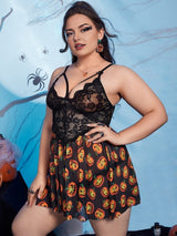 Women Plus Size Halloween Pumpkin Print Chemise with Side Slit