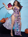 Women Plus Size Halloween Purple Print Mesh Split Lingerie Dress