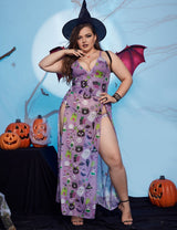 Women Plus Size Halloween Purple Print Mesh Split Lingerie Dress