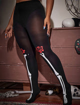 Women Plus Size Halloween Skeleton Rose Print Pantyhose