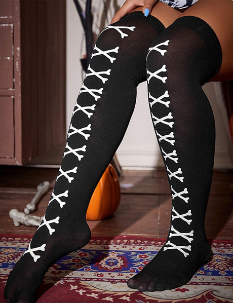 Women Plus Size Halloween Thigh High Socks with White Skull Pattern