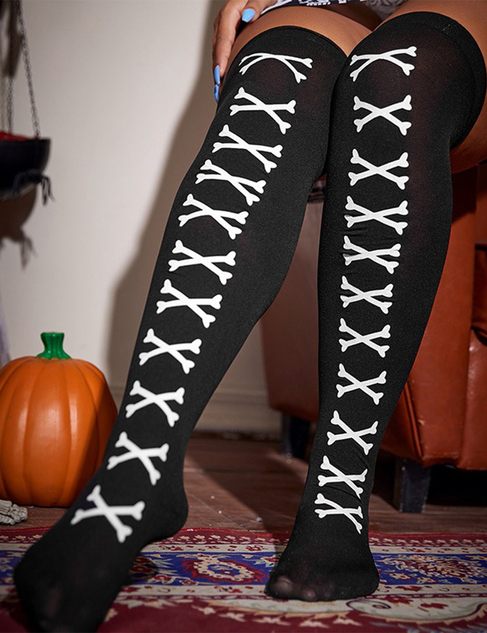 Women Plus Size Halloween Thigh High Socks with White Skull Pattern