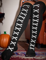 Women Plus Size Halloween Thigh High Socks with White Skull Pattern