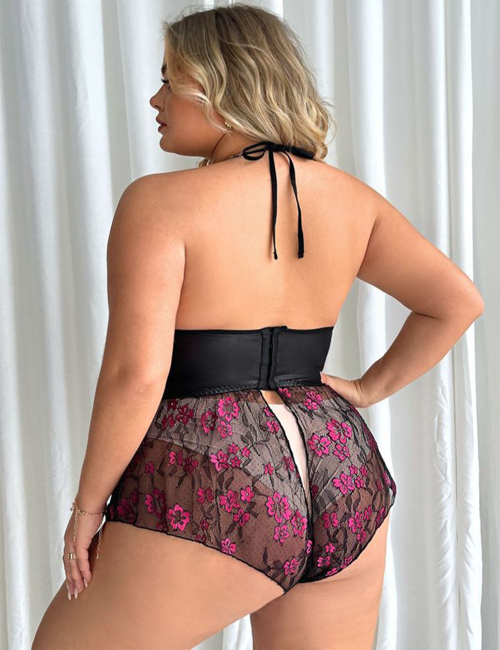 Women Plus Size Halter Neck Mesh Splicing Bodysuit-1