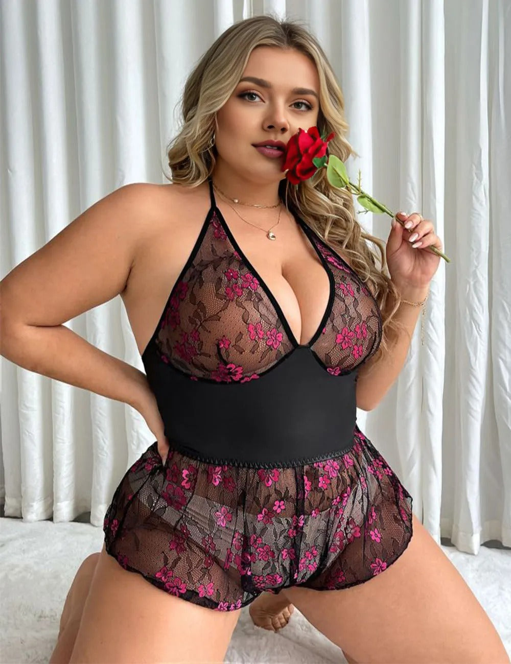 Women Plus Size Halter Neck Mesh Splicing Bodysuit