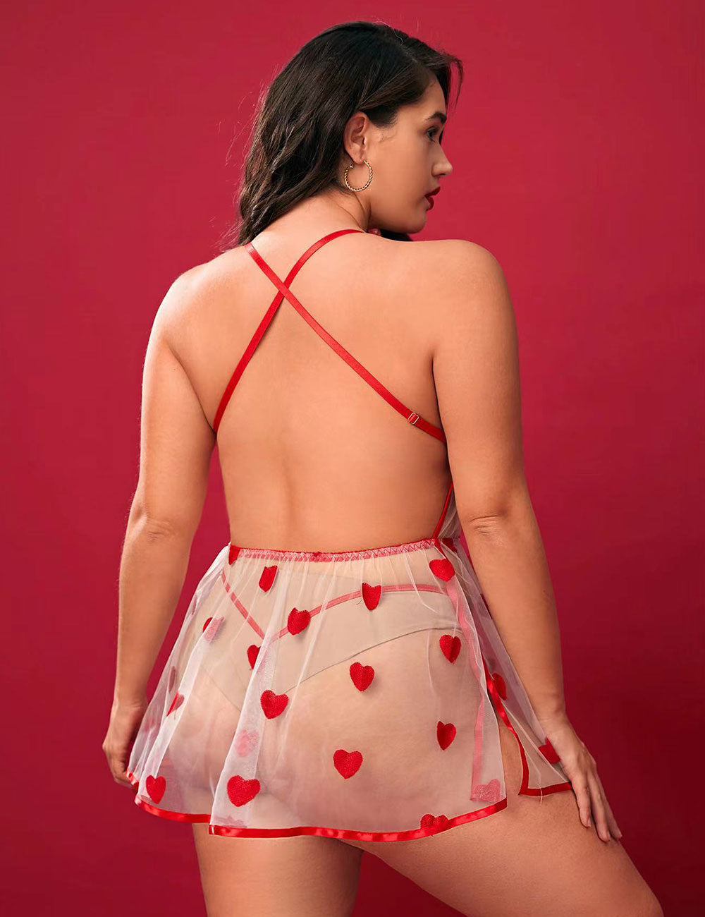 Women Plus Size Heart-Shaped Mesh Lace Babydoll-1
