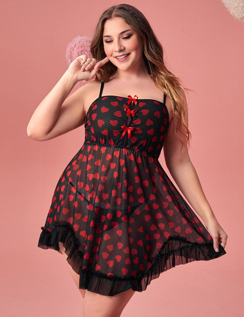 Women Plus Size Heart-Shaped Mesh Llace Suspender Babydoll