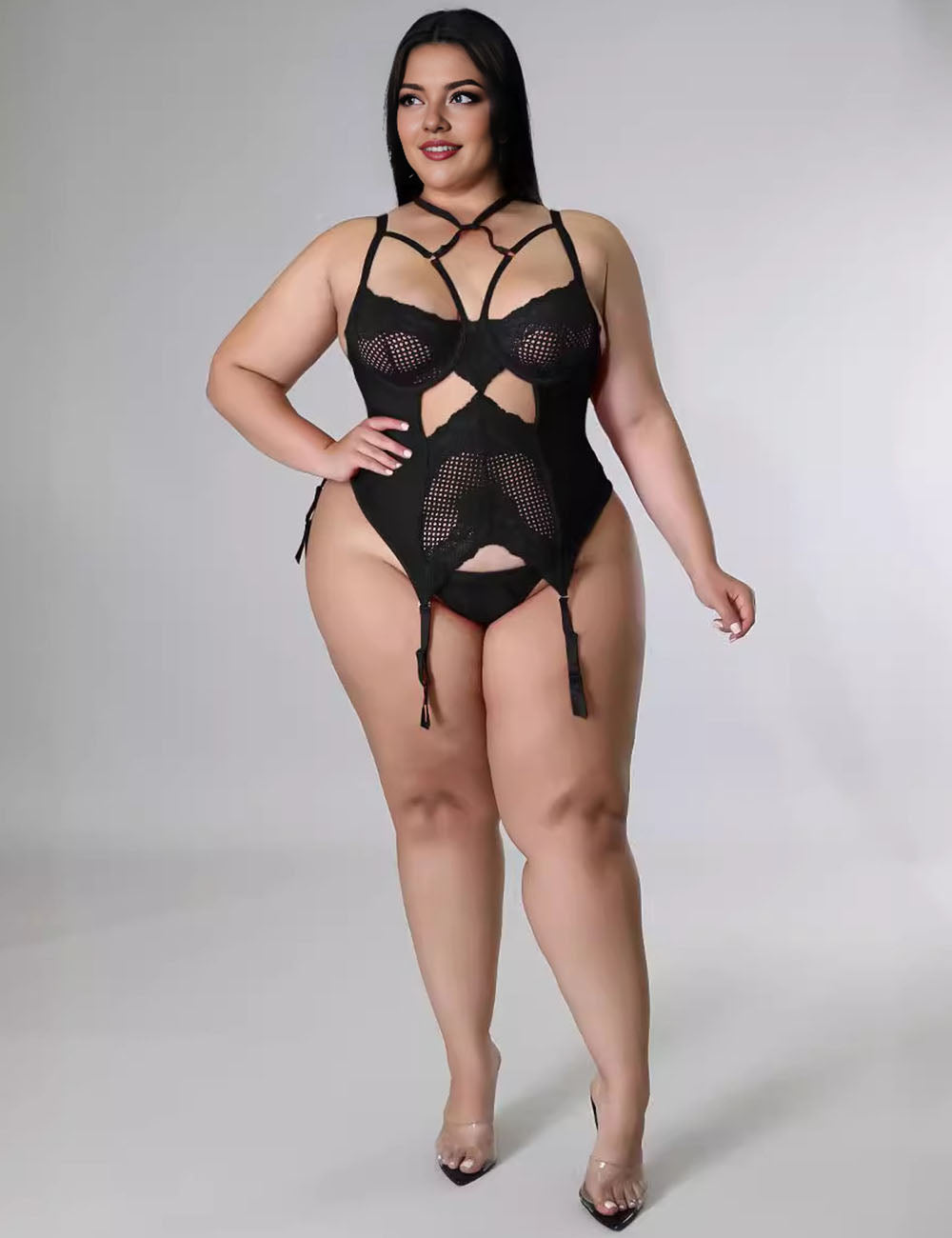 Women Plus Size High Quality Black Sexy Lace Corset Babydoll-3
