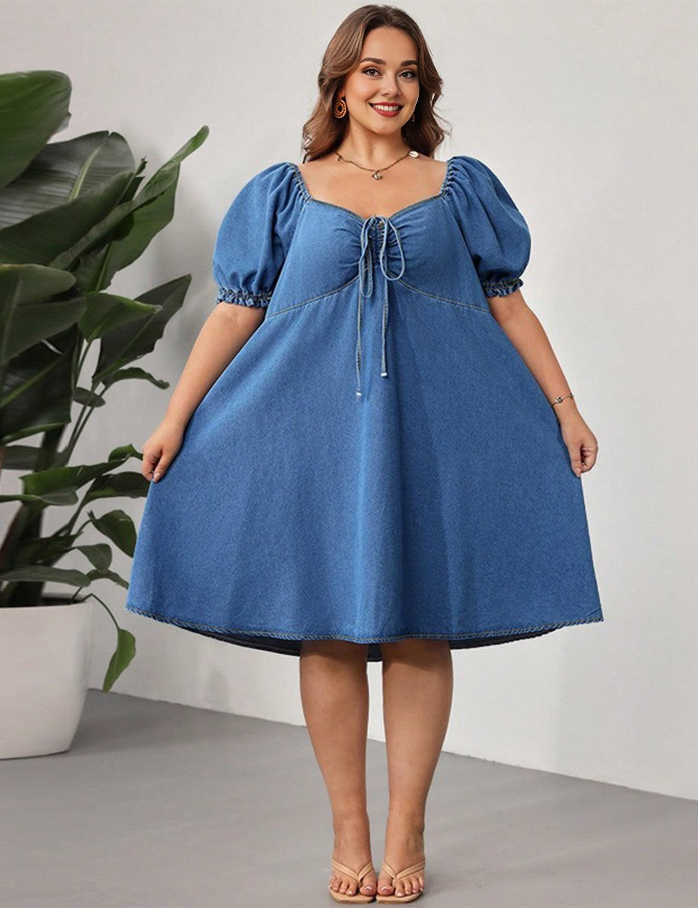 Women Plus Size High Waist Ruched Denim Midi Dress | PRUSES
