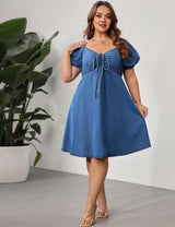 Women Plus Size High Waist Ruched Denim Midi Dress | PRUSES