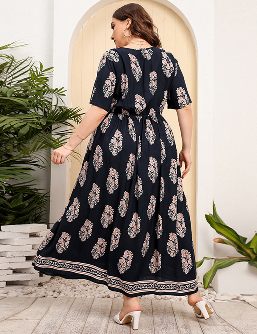 Women Plus Size Holiday Floral Short Sleeve Loose V Neck Dress-1