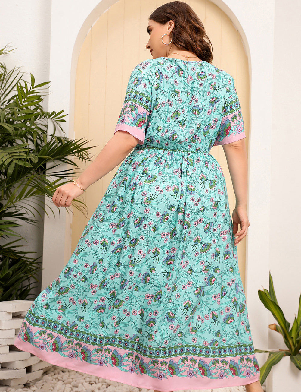 Women Plus Size Holiday Floral Short Sleeve Loose V Neck Dress-4