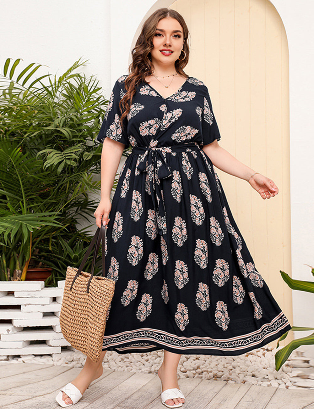 Women Plus Size Holiday Floral Short Sleeve Loose V Neck Dress