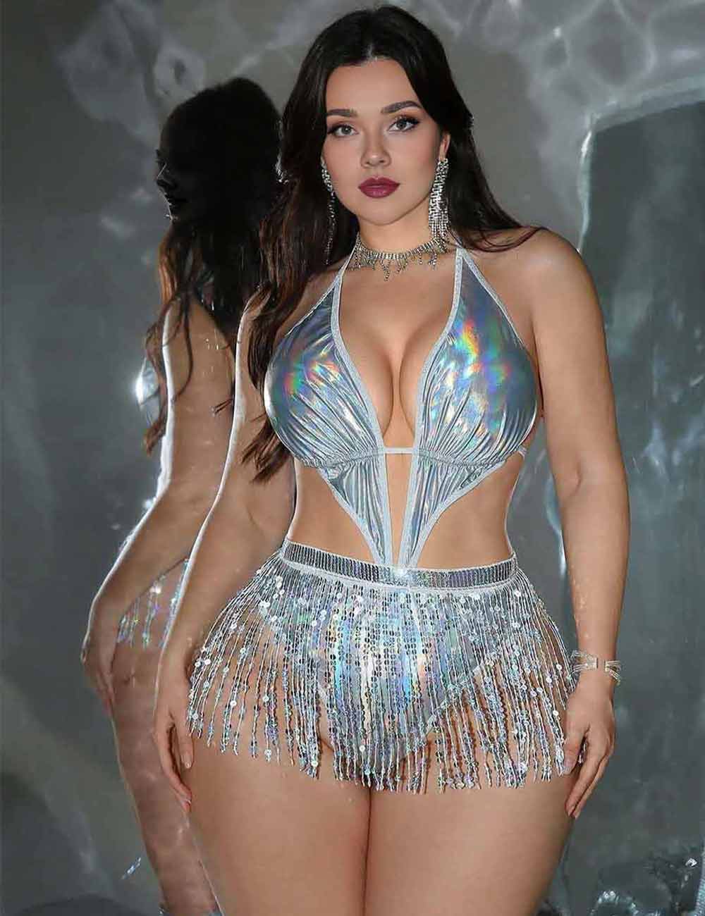 Women Plus Size Holographic Fringe Party Bodysuit