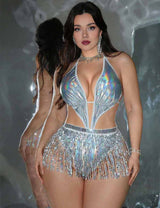 Women Plus Size Holographic Fringe Party Bodysuit