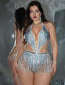 Women Plus Size Holographic Fringe Party Bodysuit
