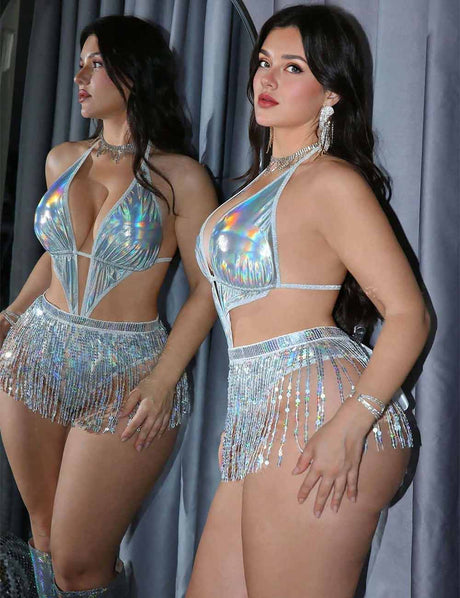 Women Plus Size Holographic Fringe Party Bodysuit