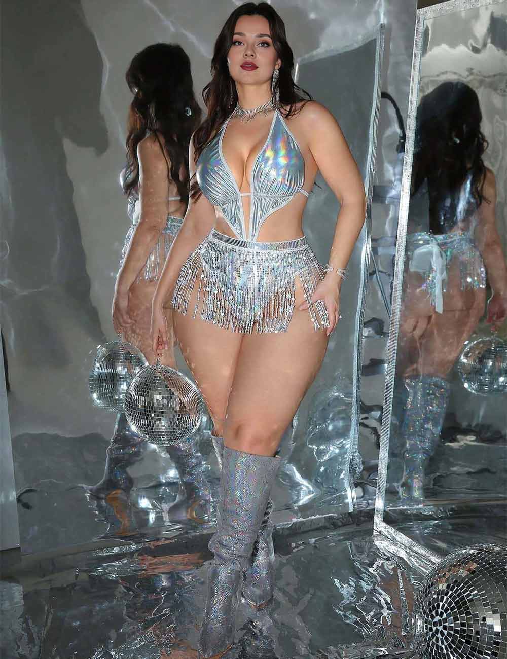 Women Plus Size Holographic Fringe Party Bodysuit