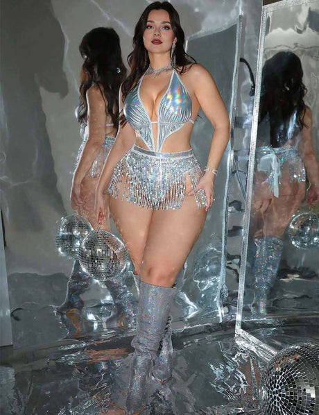 Women Plus Size Holographic Fringe Party Bodysuit