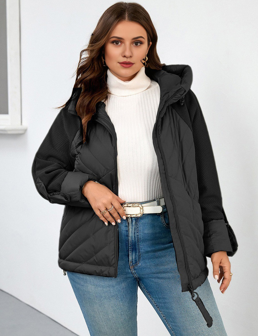 Women Plus Size Hooded Padded Quilted Jacket