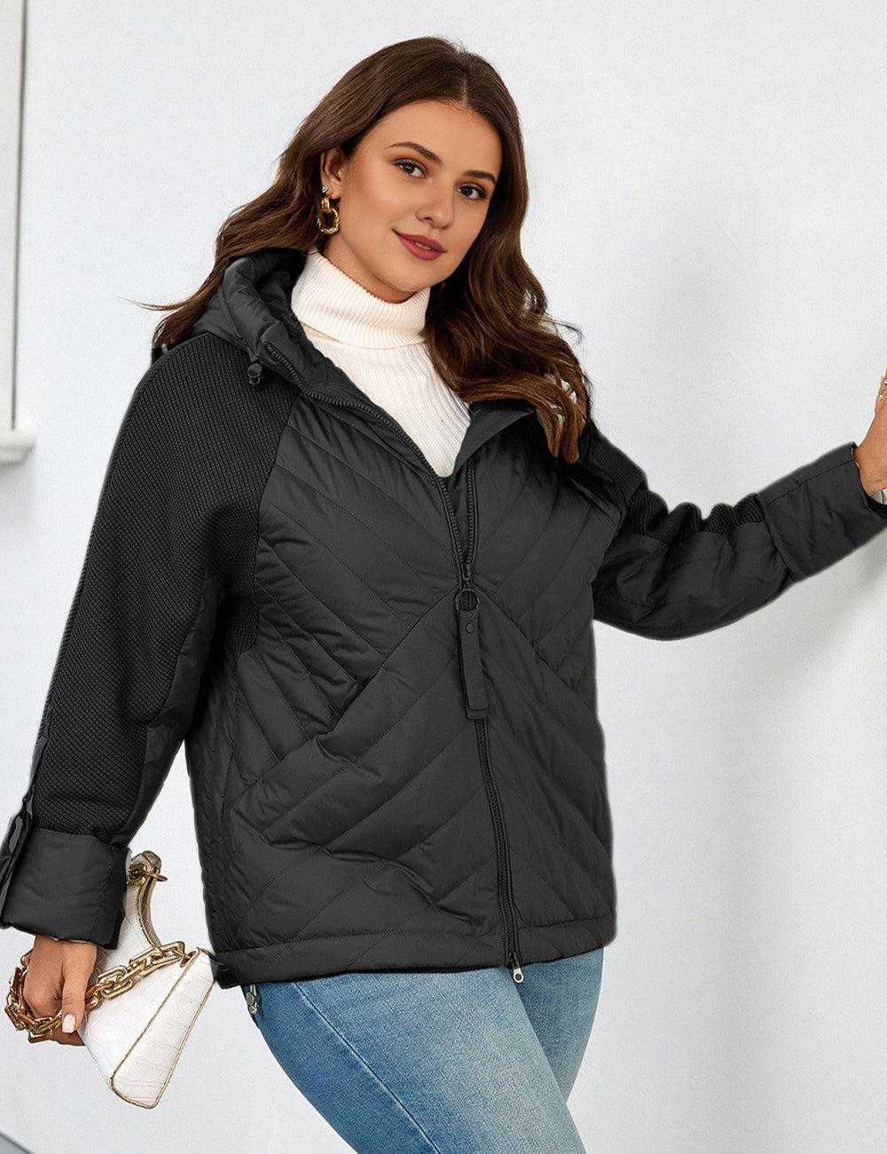 Women Plus Size Hooded Padded Quilted Jacket