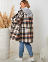 Women Plus Size Hooded Plaid Shacket Coat