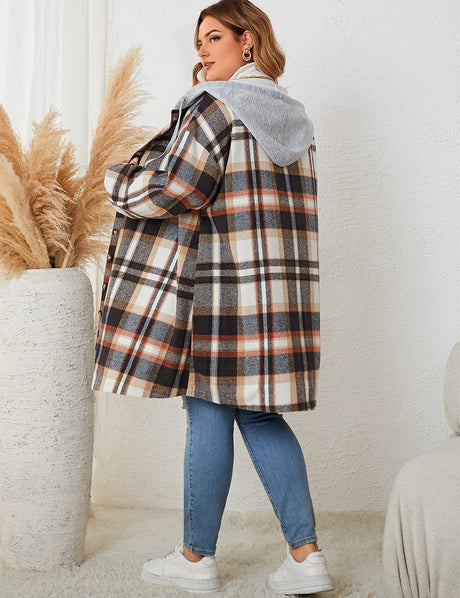 Women Plus Size Hooded Plaid Shacket Coat
