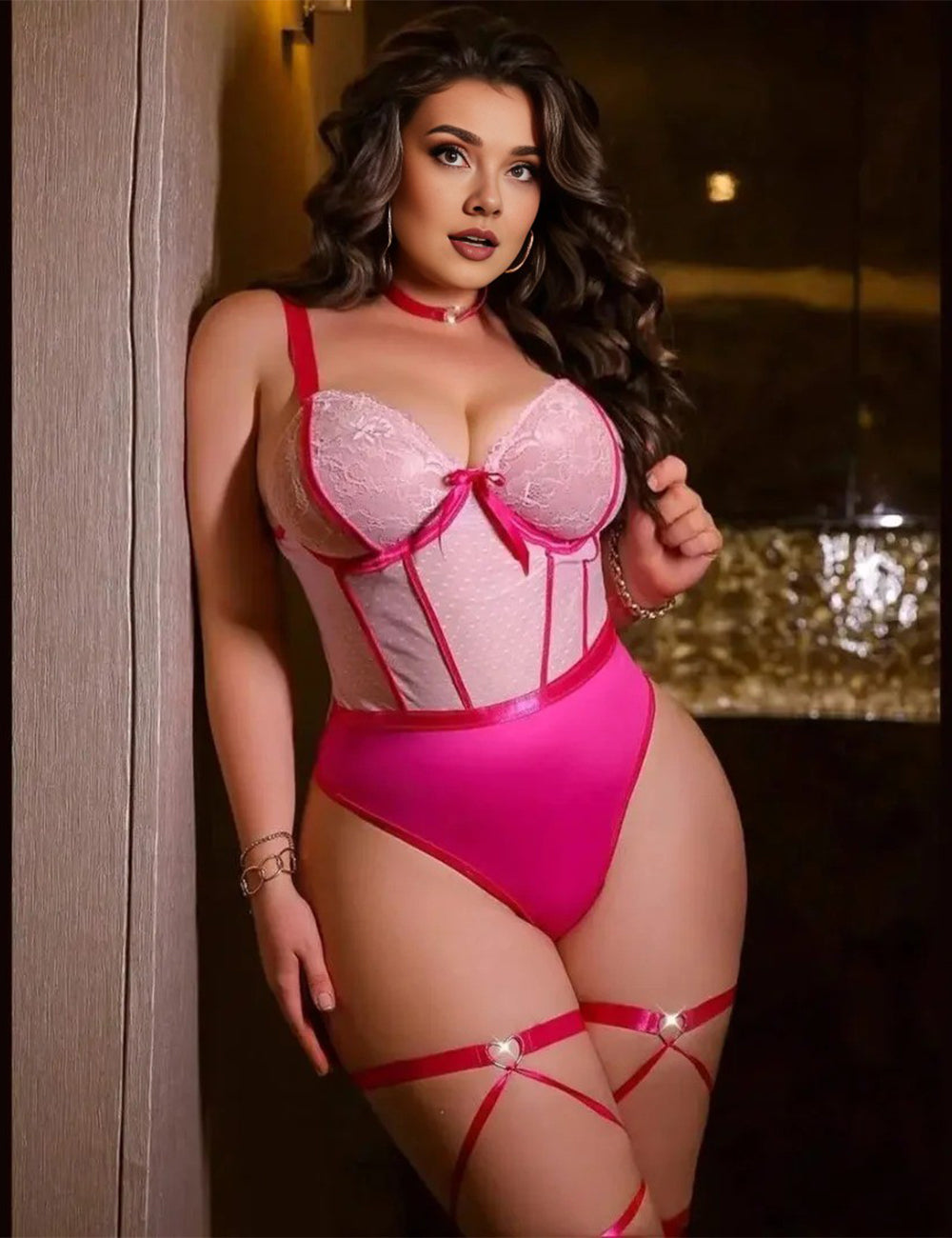 Women Plus Size Hot Pink Lace Teddy with Heart-Strap Garter