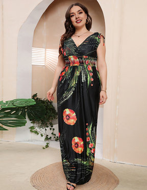 Women Plus Size Ice Silk Printed V-Neck Floral Dress-1