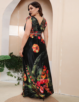 Women Plus Size Ice Silk Printed V-Neck Floral Dress-2