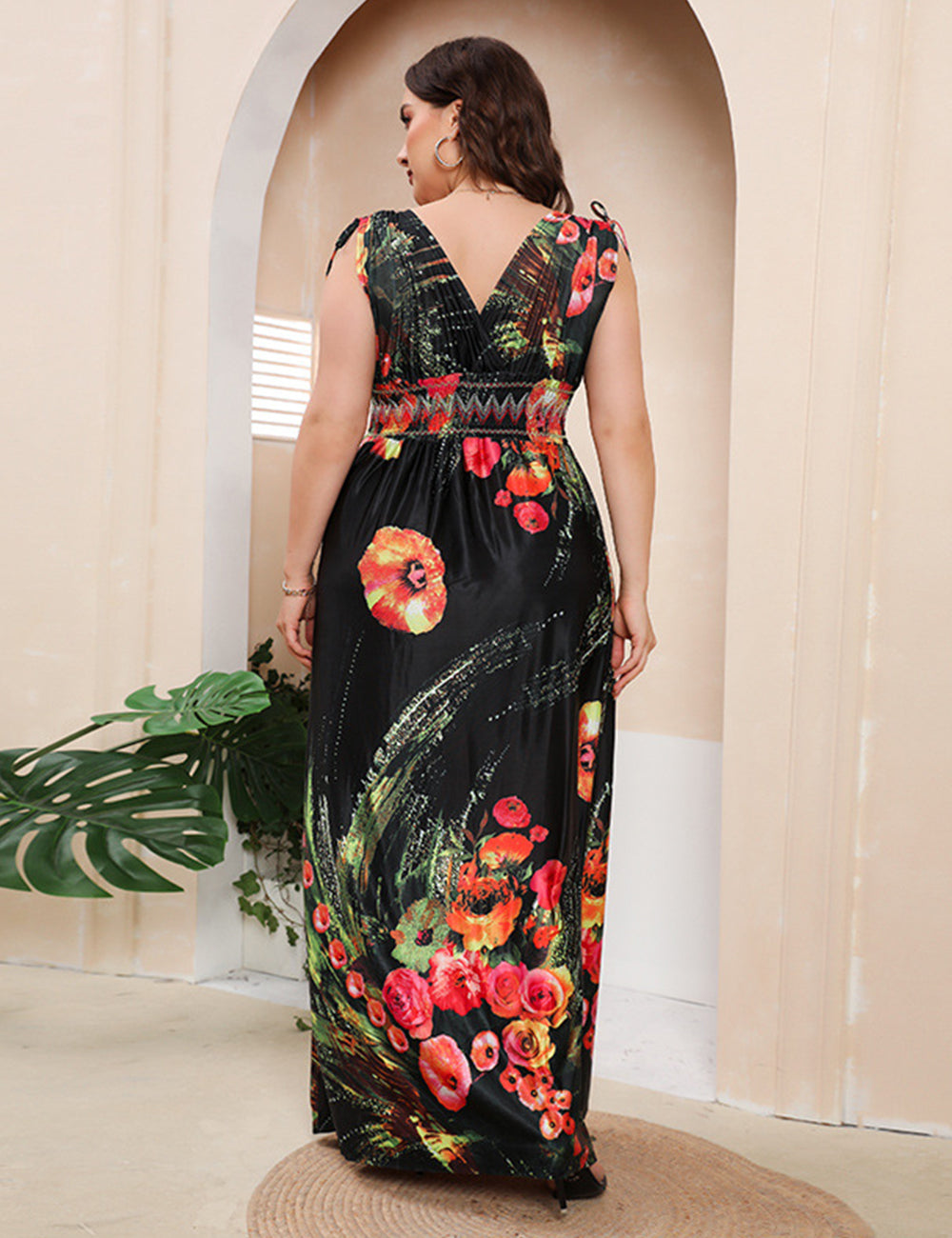 Women Plus Size Ice Silk Printed V-Neck Floral Dress