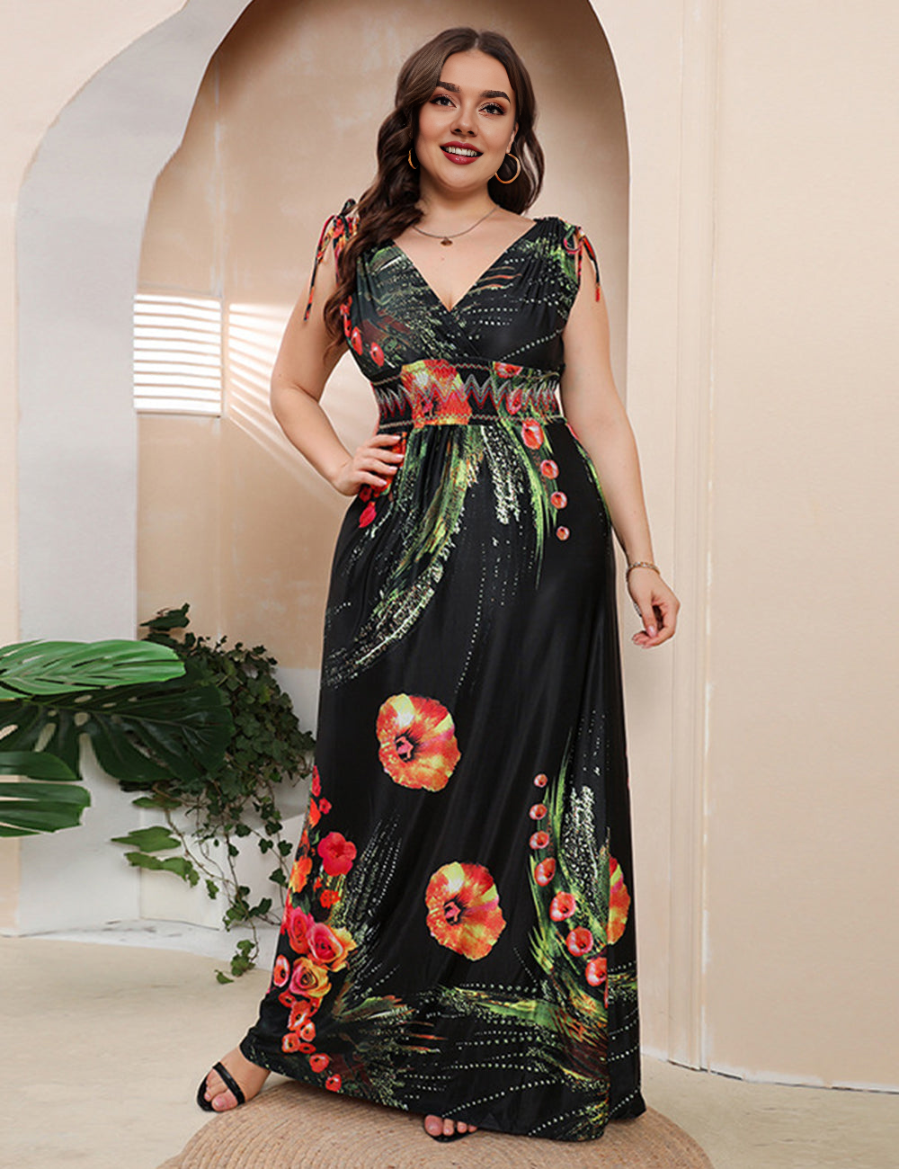 Women Plus Size Ice Silk Printed V-Neck Floral Dress