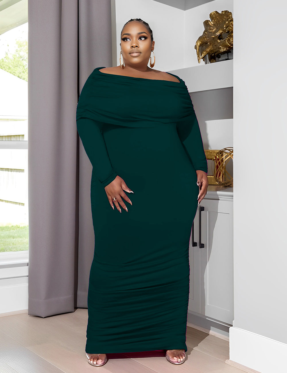 Women Plus Size Knit Neck Gathered Maxi Dress-1