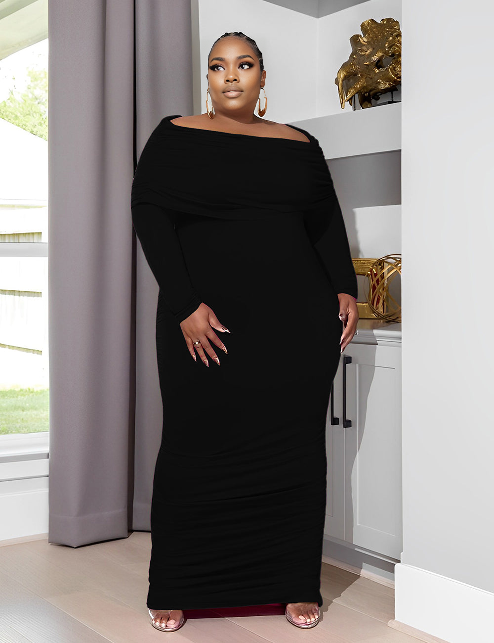Women Plus Size Knit Neck Gathered Maxi Dress-2