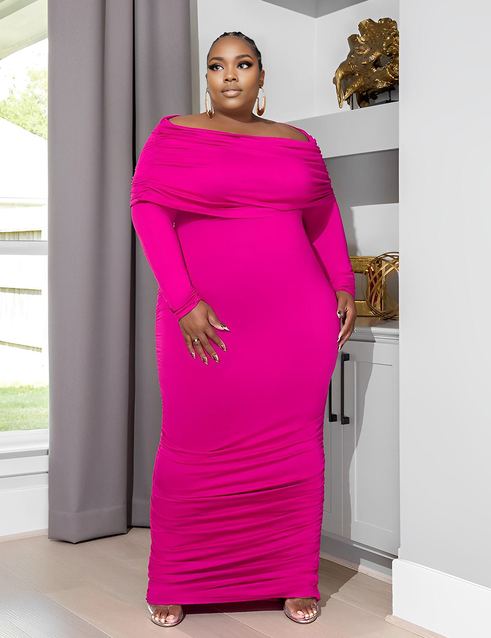 Women Plus Size Knit Neck Gathered Maxi Dress-3
