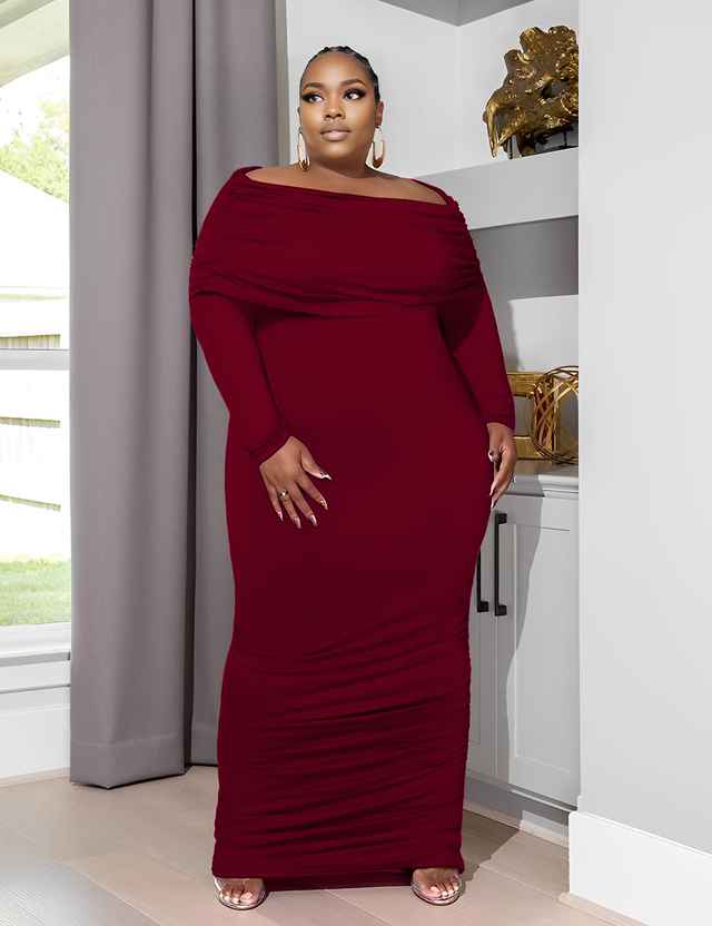 Women Plus Size Knit Neck Gathered Maxi Dress-4