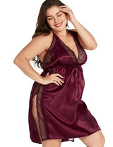 Women Plus Size Lace-Paneled V-Neck Satin Babydoll-1