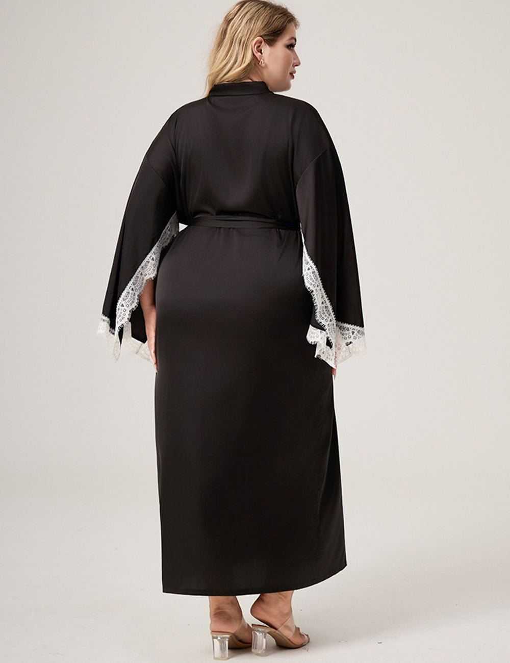 Women Plus Size Lace-Trim Black Satin Robe