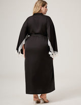 Women Plus Size Lace-Trim Black Satin Robe