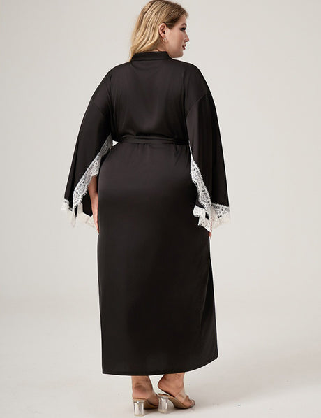 Women Plus Size Lace-Trim Black Satin Robe