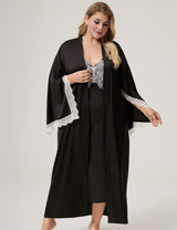 Women Plus Size Lace-Trim Black Satin Robe