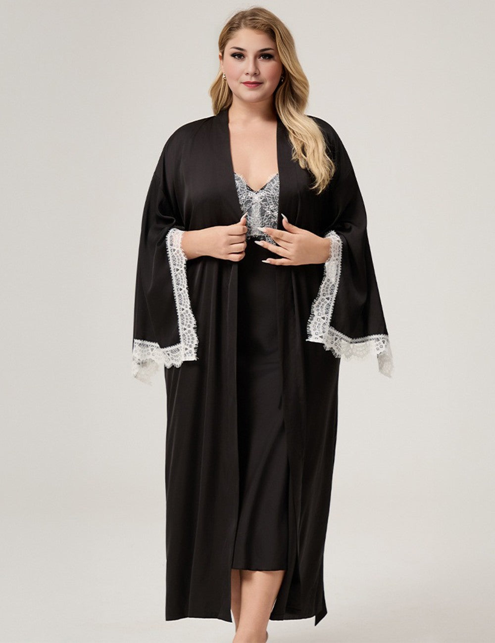 Women Plus Size Lace-Trim Black Satin Robe