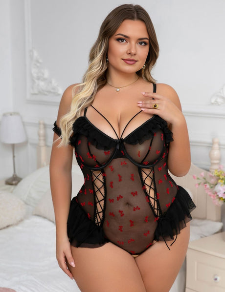 Women Plus Size Lace-up Ruffles Lace Teddy